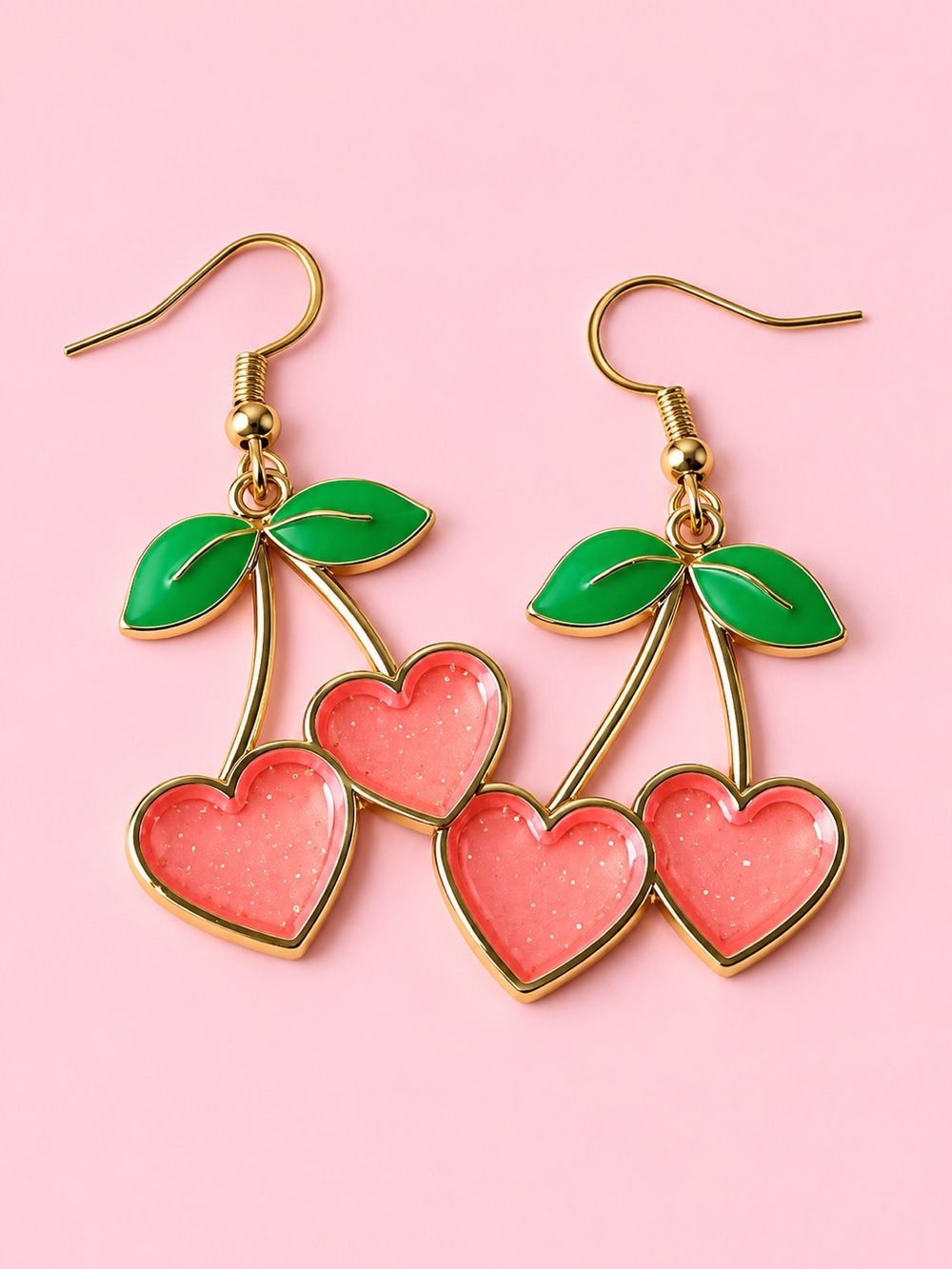 Cherry Heart Dangle Earrings Pink Glitter
